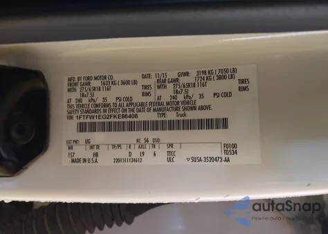 2015 Ford F-150 Lariat z USA, uszkodzony, nr VIN 1FTFW1EG2FKE86408